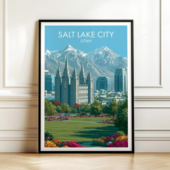 Salt Lake City Utah Poster Vintage Usa Cityscape Travel Wall Art American Landmark Print Americana Decor