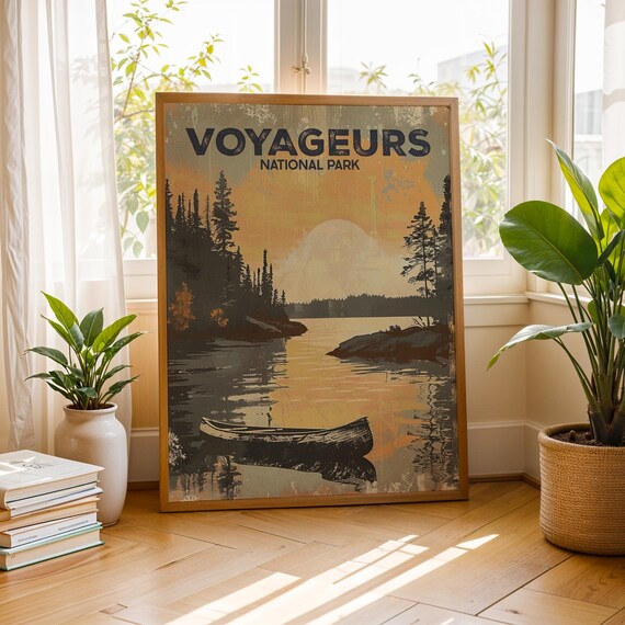 Voyageurs National Park Poster Vintage Canoe Lake Sunset Travel Scenic Art