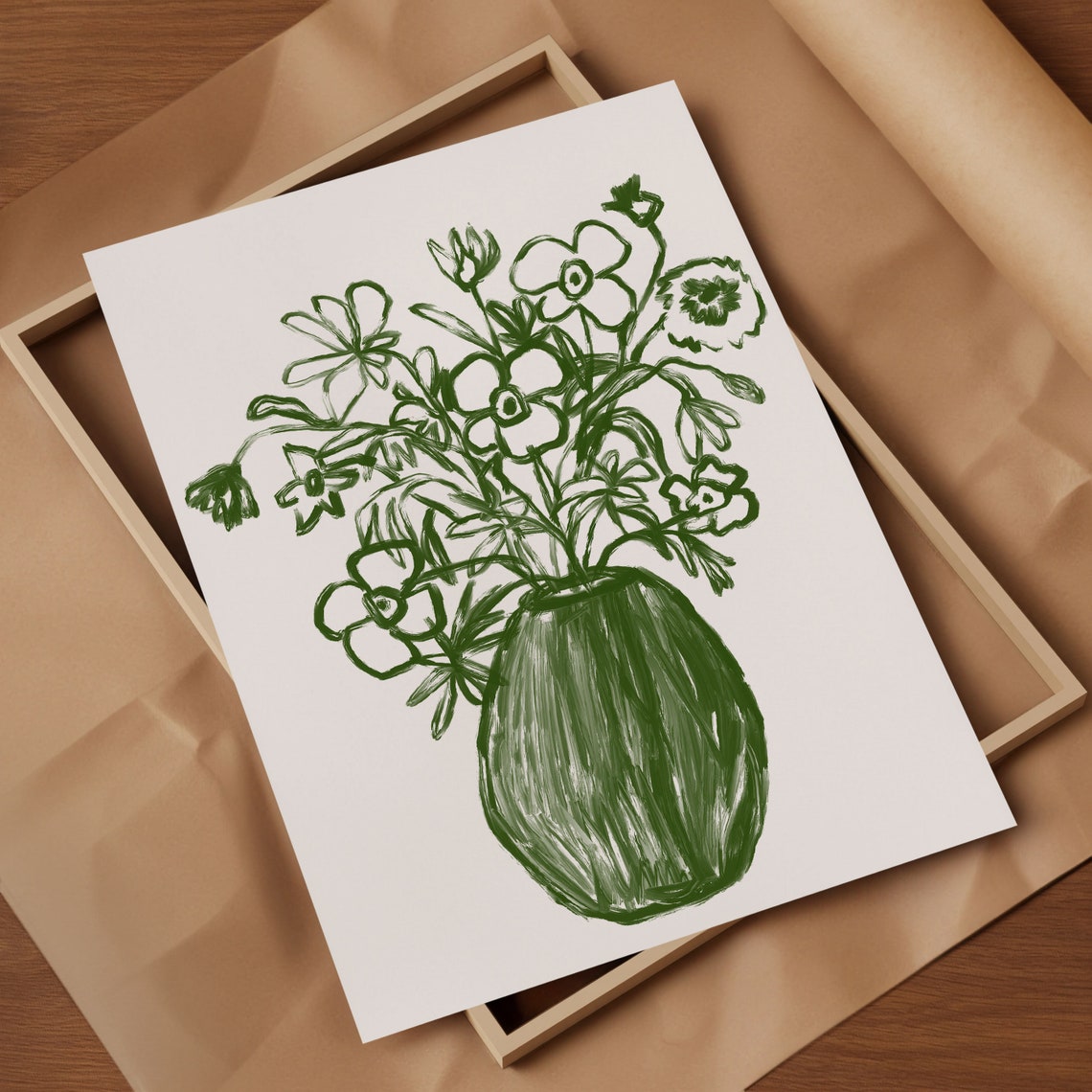 Green Vase Wildflowers Hand Drawn Botanical Modern Art Poster - Image 3