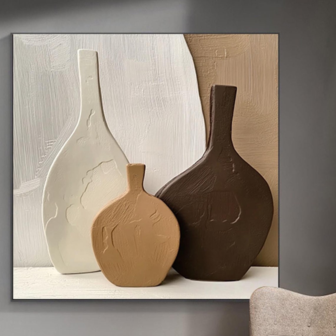 Minimalist Vases Still Life 3D Textured Painting White Tan Print