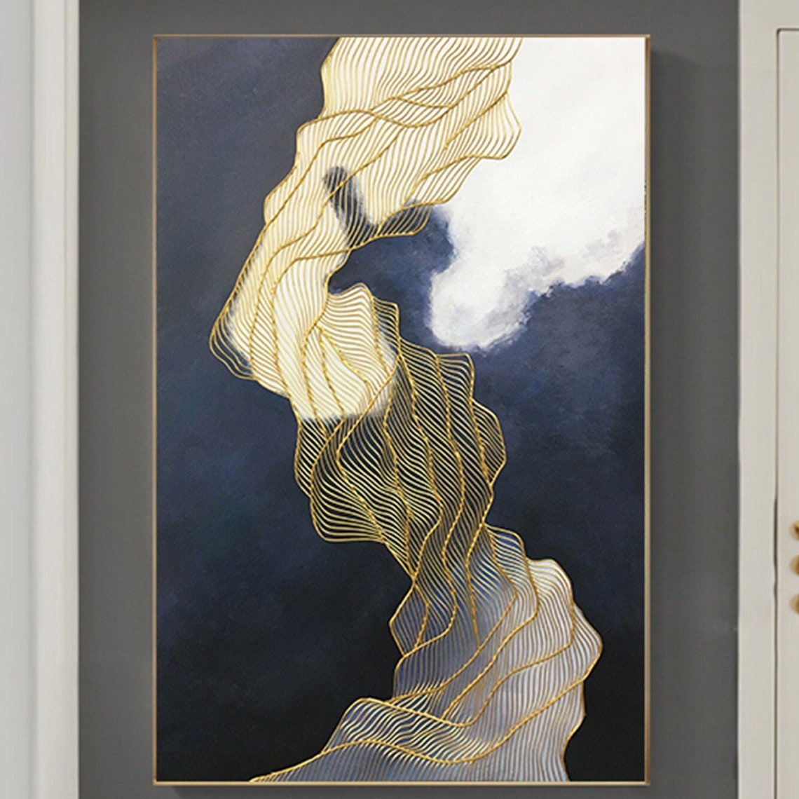 Gold Contour Silk Waves on Navy Blue Abstract Elegant Wall Art Poster