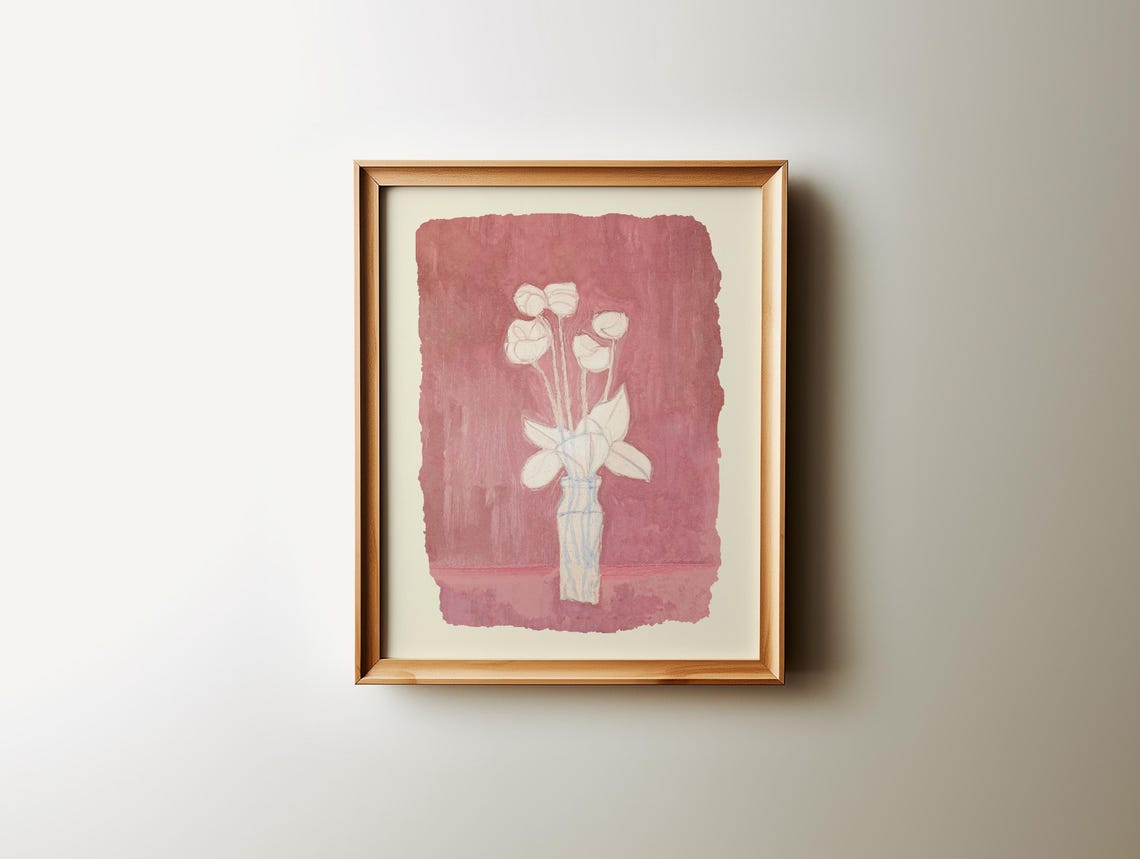 Pink Tulips Floral Still Life in Vase on Rosy Abstract Poster - Image 2