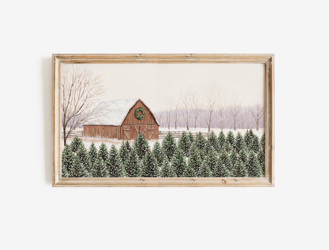 Christmas Tree Farm Red Barn Snowy Field Winter Painting Poster - Image 2