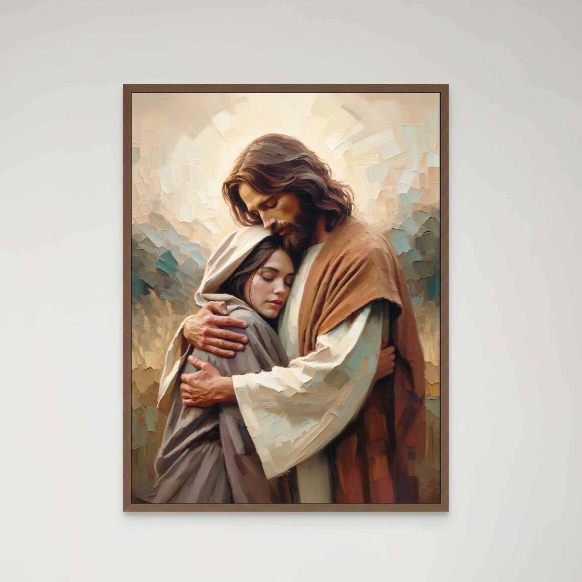 Jesus Holding Young Woman Close In Tender Embrace Golden Field Poster
