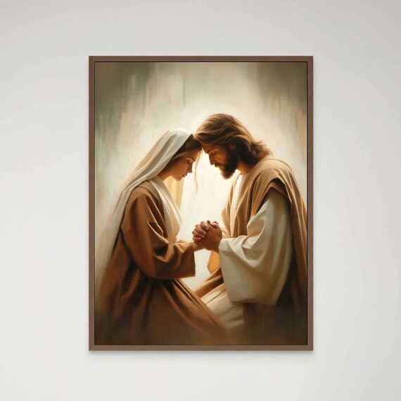 Jesus And Veiled Woman In Prayer Foreheads Touching In Warm Light Poster