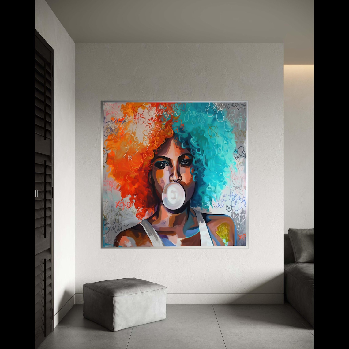 Vibrant Pop Art Woman Blowing Bubblegum Graffiti Style Portrait Poster