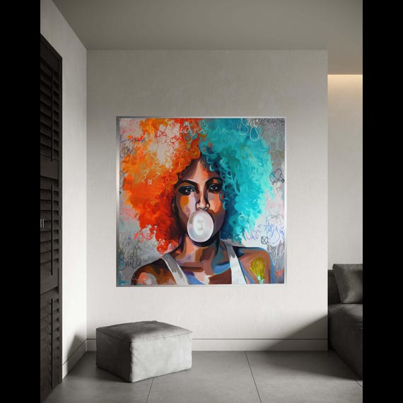 Vibrant Afro Hair Portrait Canvas Bubblegum Pop Art Wall Decor Colorful Modern Female Figure Painting Urban Style Gift Home