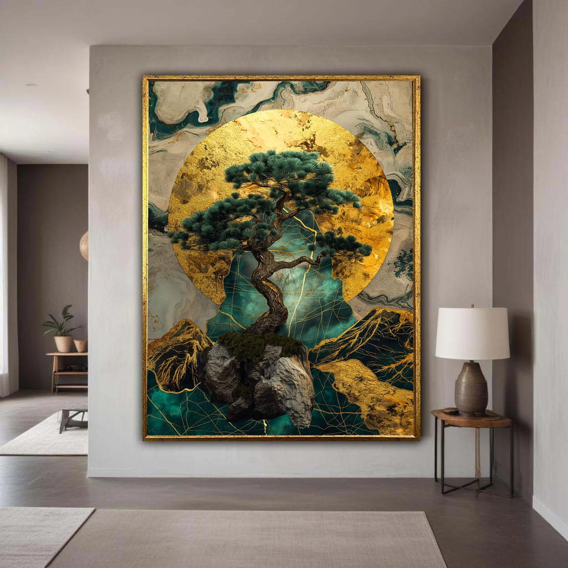 Elegant Bonsai Tree On Rock Canvas Gold Foil Abstract Art Asian Zen Wall Natureinspired Home Decor Modern Gift