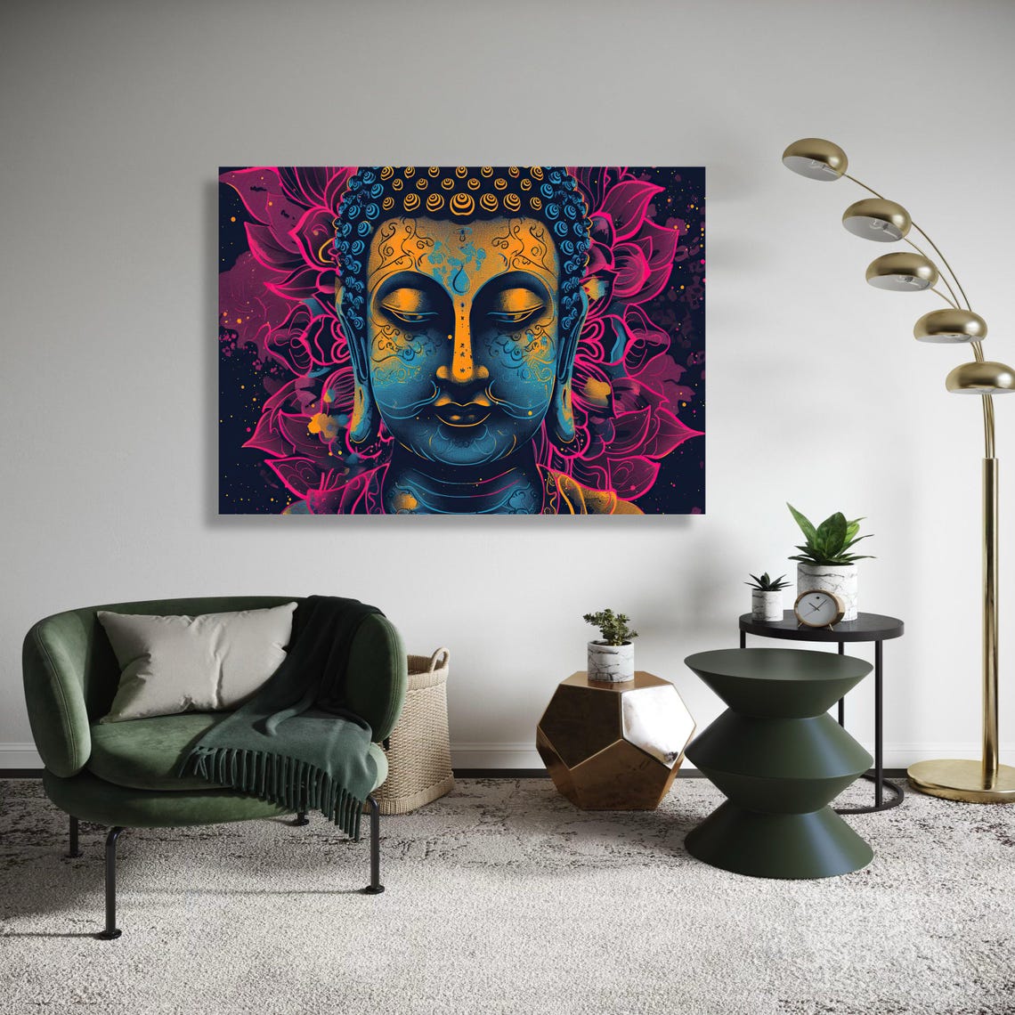 Colorful Buddha Face Canvas Print Vibrant Psychedelic Spiritual Art Modern Graphic Pop Style Wall Decor Neon Hues Meditation Gift