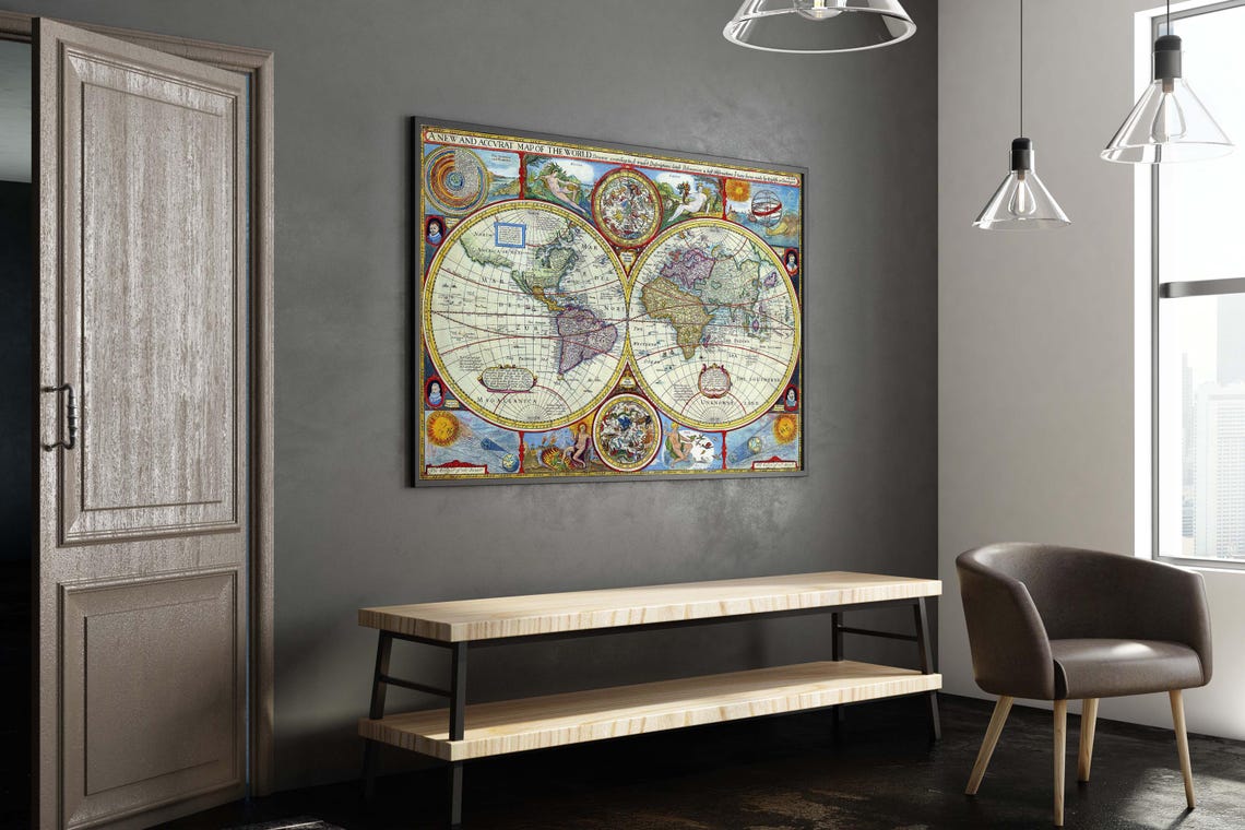 Antique Double Hemisphere World Map 17th Century Cartography Poster