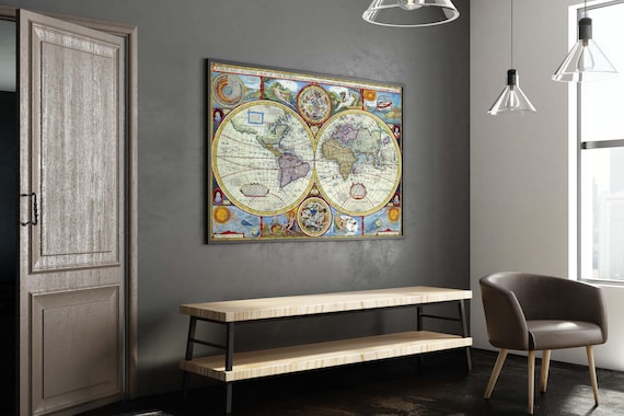 Antique Double Hemisphere World Map 17th Century Cartography Historical Artvintage Print Classic Wall Decorready To Hang Poster
