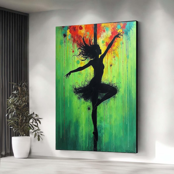 Emerald Green Drip Art Ballerina Silhouette Dancer Painting Poster