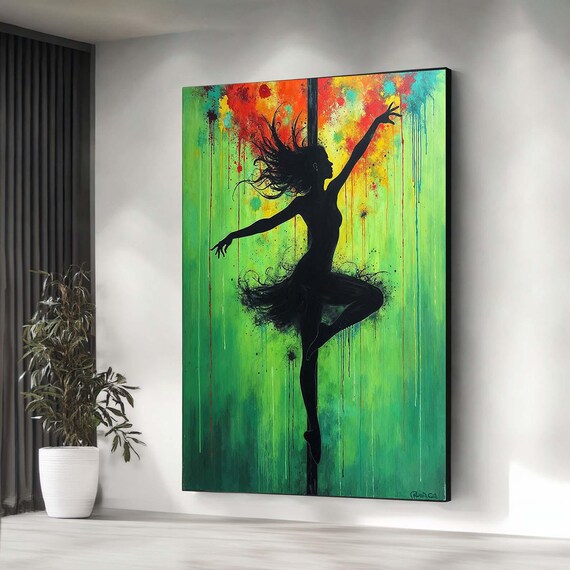 Emerald Silhouette Ballerina Canvas Vibrant Green Drip Art Ballet Figure Abstract Dance Movement Modern Wall Print