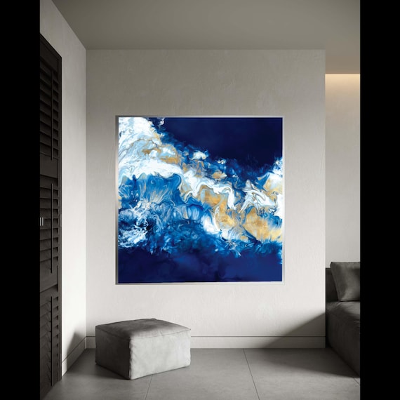 Abstract Blue And Gold Ocean Waves Fluid Art Modern Canvas Wall Poster