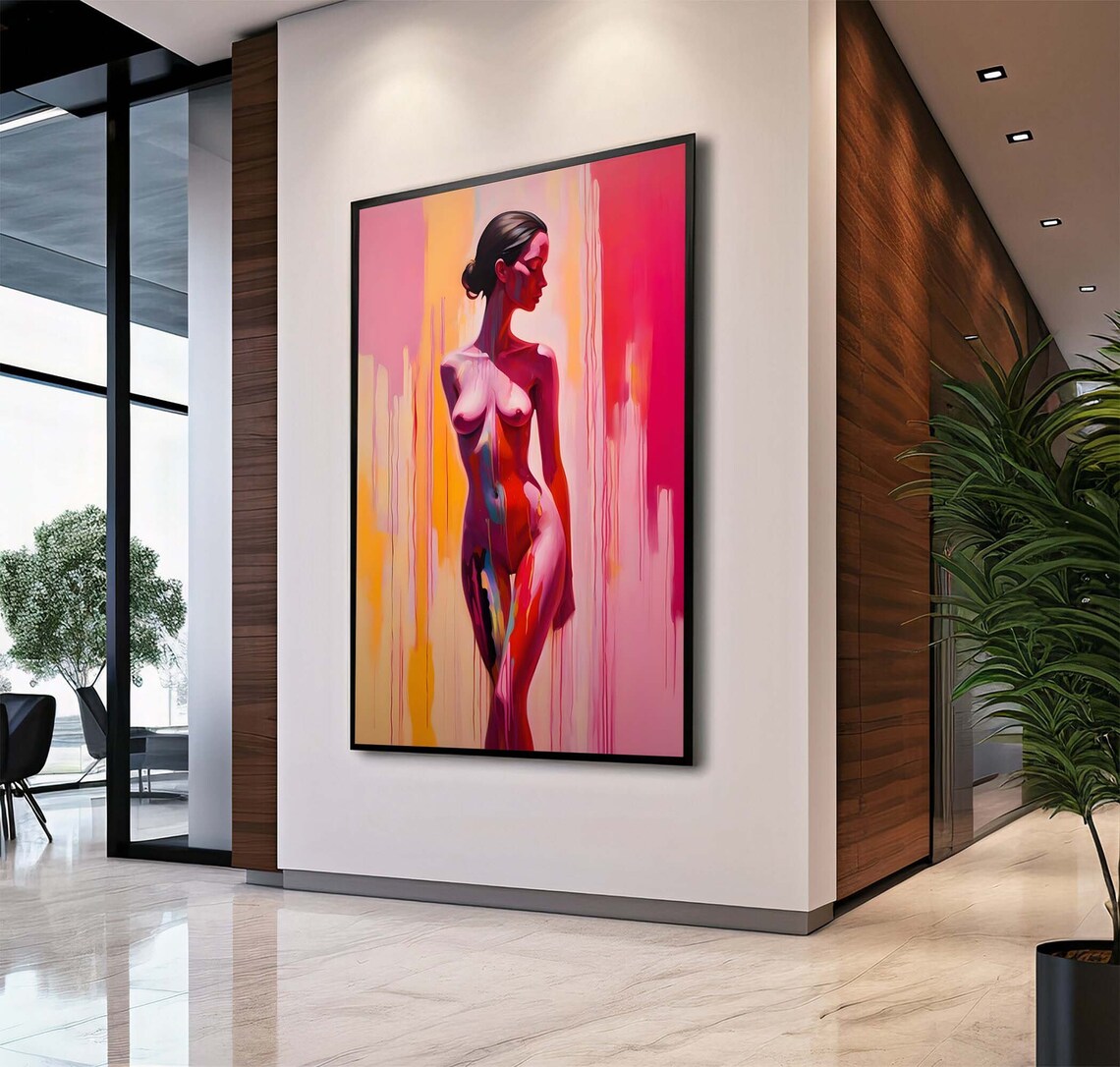 Abstract Nude Portrait Vibrant Pink Orange Modern Colorful Female Art Poster