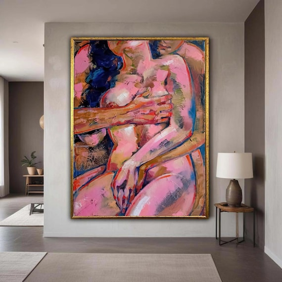 Embracing Lovers in Pink and Blue Bold Abstract Expressionist Art Poster