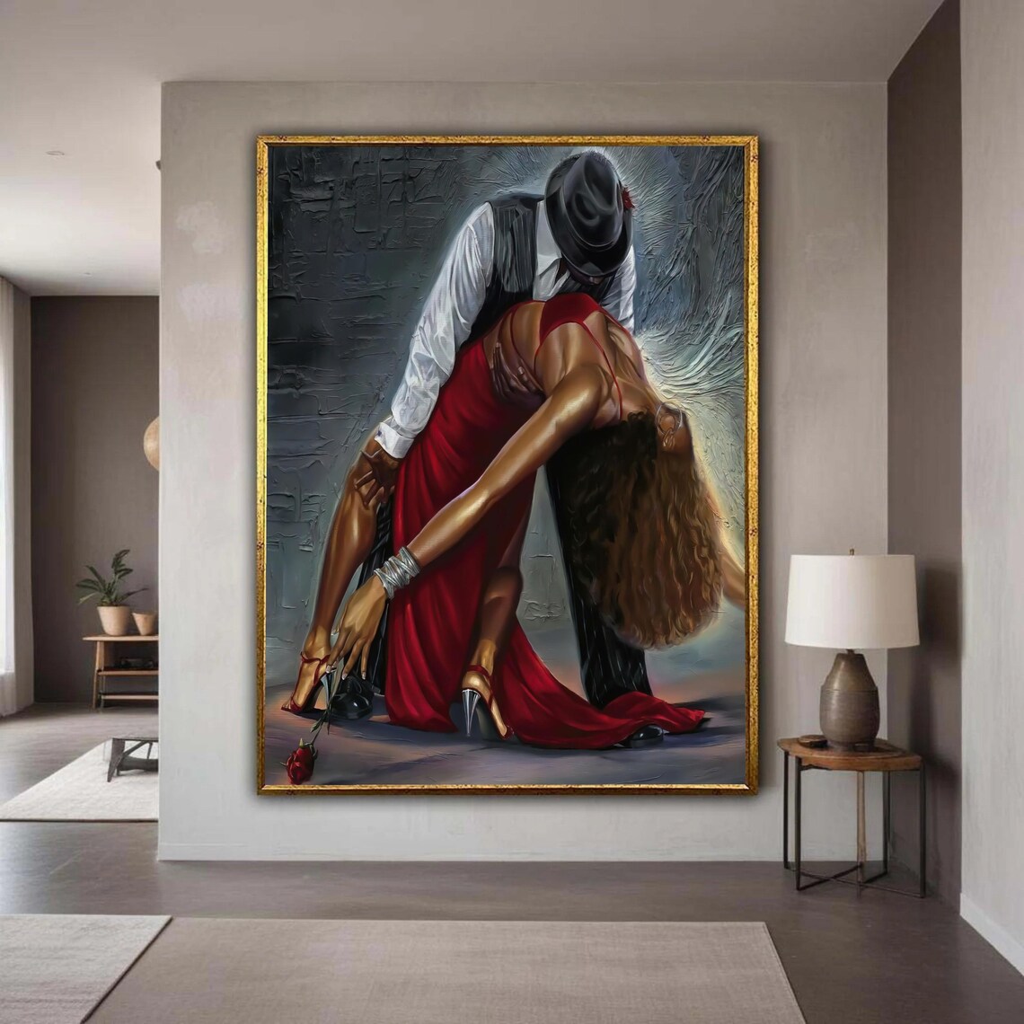 Dramatic Tango Dip Red Dress Flowing Hair Rose Oil Painting Poster