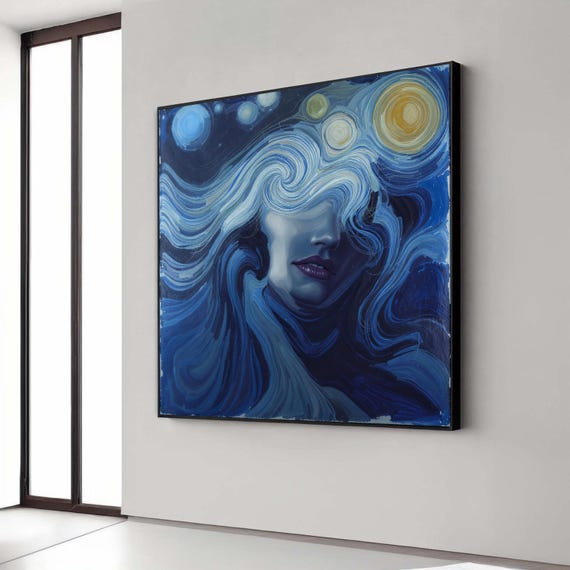 Mystical Night Woman Portrait Canvas Abstract Swirling Hair Art Celestial Stars Wall Decor Blue Tones Modern Gift Home