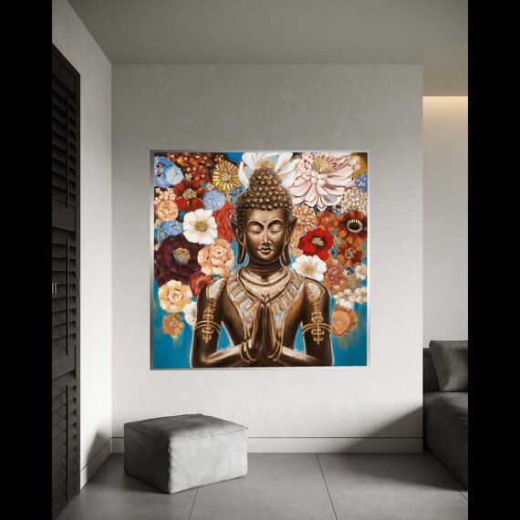 Meditative Buddha Canvas Wall Art Floral Background Spiritual Home Decor Zen Buddhist Painting Peaceful Meditation Gift
