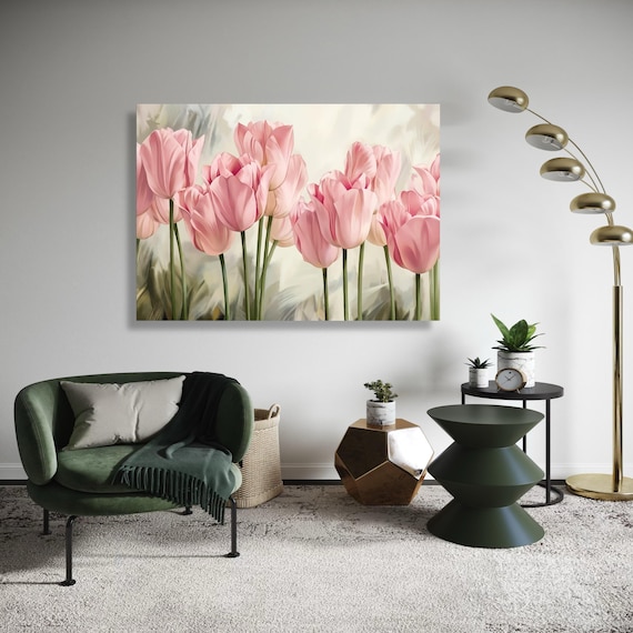 Soft Pink Tulips Canvas Floral Wall Art Spring Flowers Painting Botanical Decor Nature Blossom Artwork Gift Home