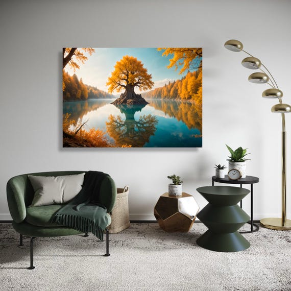 Magical Golden Tree Of Life Canvas Print Fantasy Lake Landscape Art Enchanting Autumn Forest Wall Decor Serene Reflection Artwork Gift