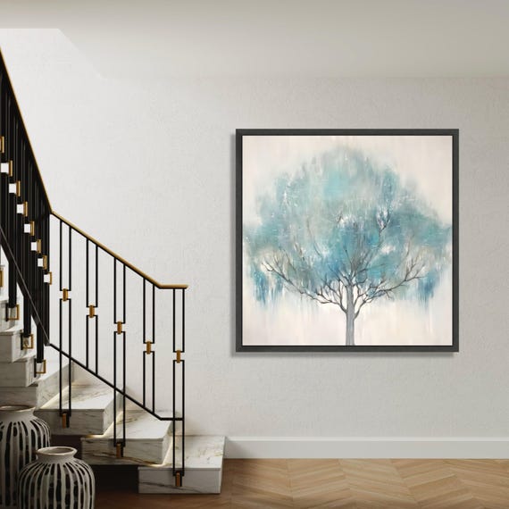 Tranquil Blue Tree Canvas Wall Art Abstract Nature Painting Modern Silhouette Soft Pastel Home Decor Ready To Gift