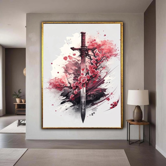 Cherry Blossom Katana Sword Ink Splash Japanese Floral Art Wall Print