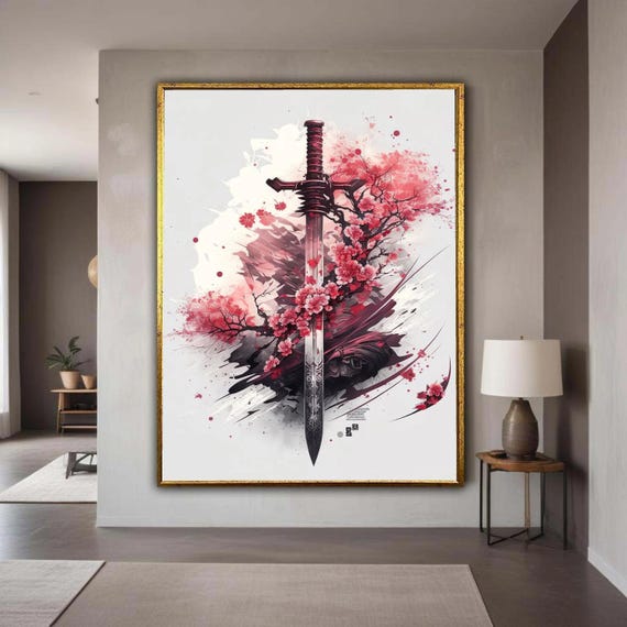Elegant Samurai Sword Canvas Art Cherry Blossom Wall Decor Japanese Flower And Katana Modern Asian Inspired Gift Home