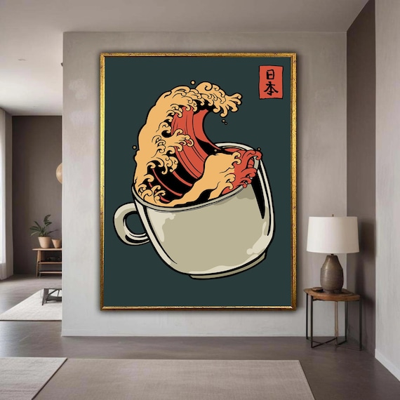 Great Wave Coffee Cup Red Japanese Seal Cream Ceramic Poster
