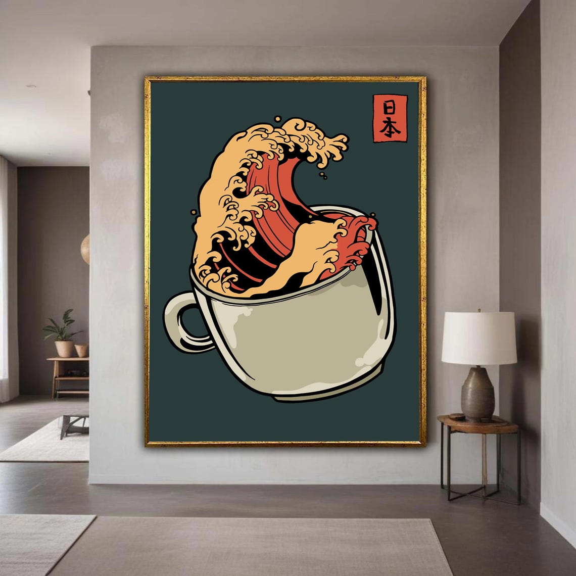 Great Wave Coffee Cup Red Japanese Seal Cream Ceramic Poster