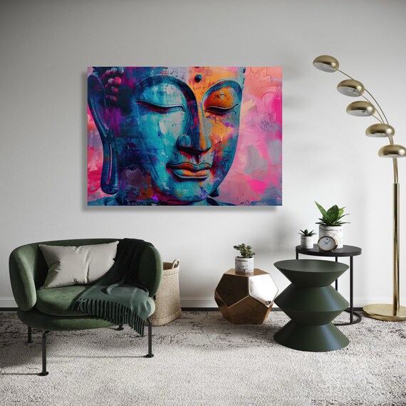 Colorful Abstract Buddha Face Canvas Vibrant Expressive Spiritual Art Print Modern Artistic Portrait Wall Decor Energetic Zen Gift
