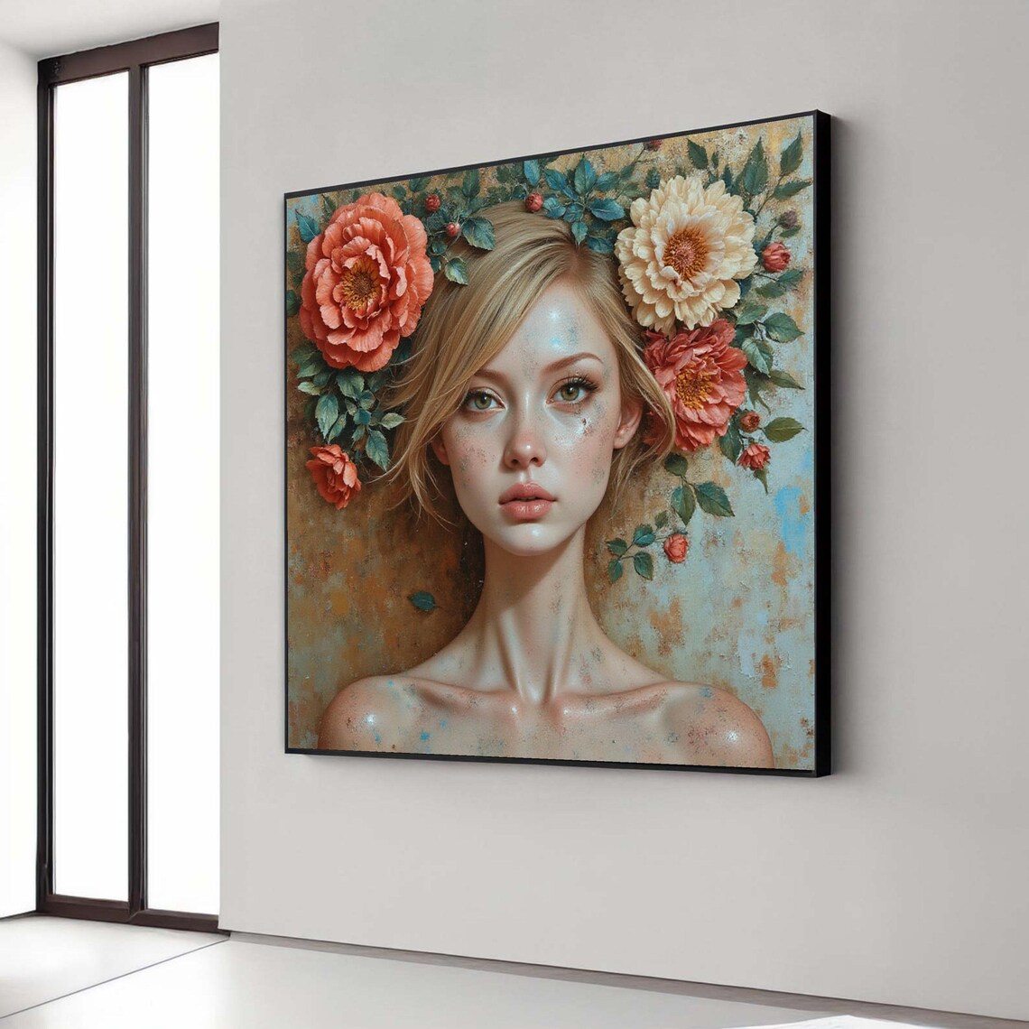 Ethereal Woman Portrait Floral Crown Painterly Contemporary Art Print