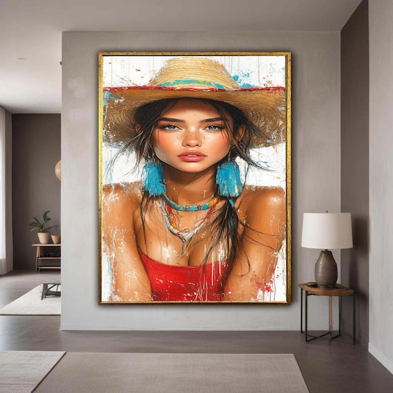 Summer Woman Portrait Straw Hat Blue Tassel Earrings Vibrant Art Poster