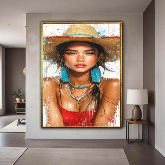 Vibrant Summer Portrait Canvas Woman With Straw Hat Artwork Blue Tassel Earrings Wall Art Boho Style Home Gift Decor