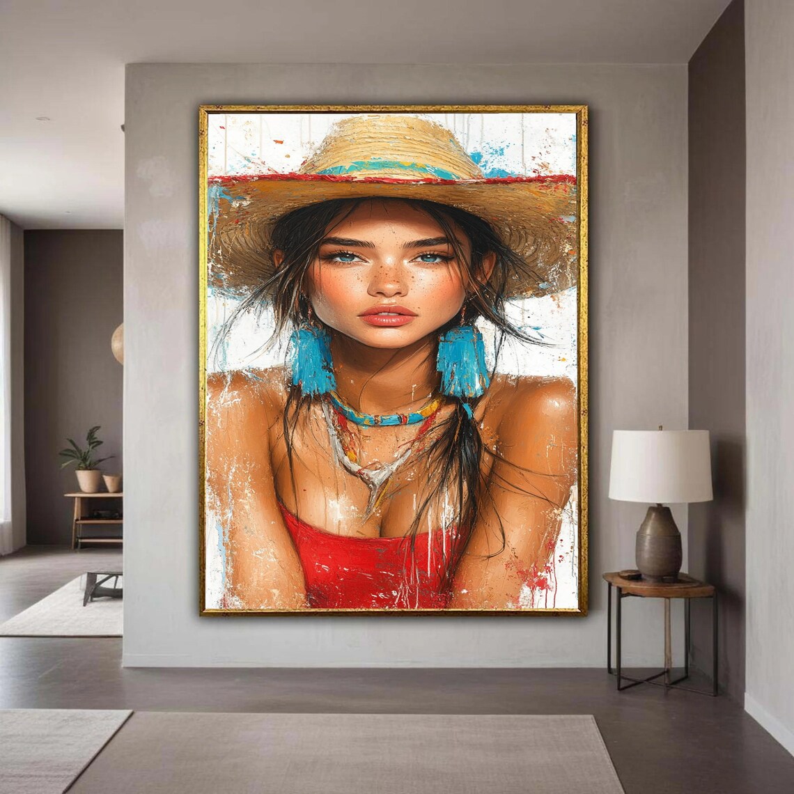 Summer Woman Portrait Straw Hat Blue Tassel Earrings Vibrant Art Poster