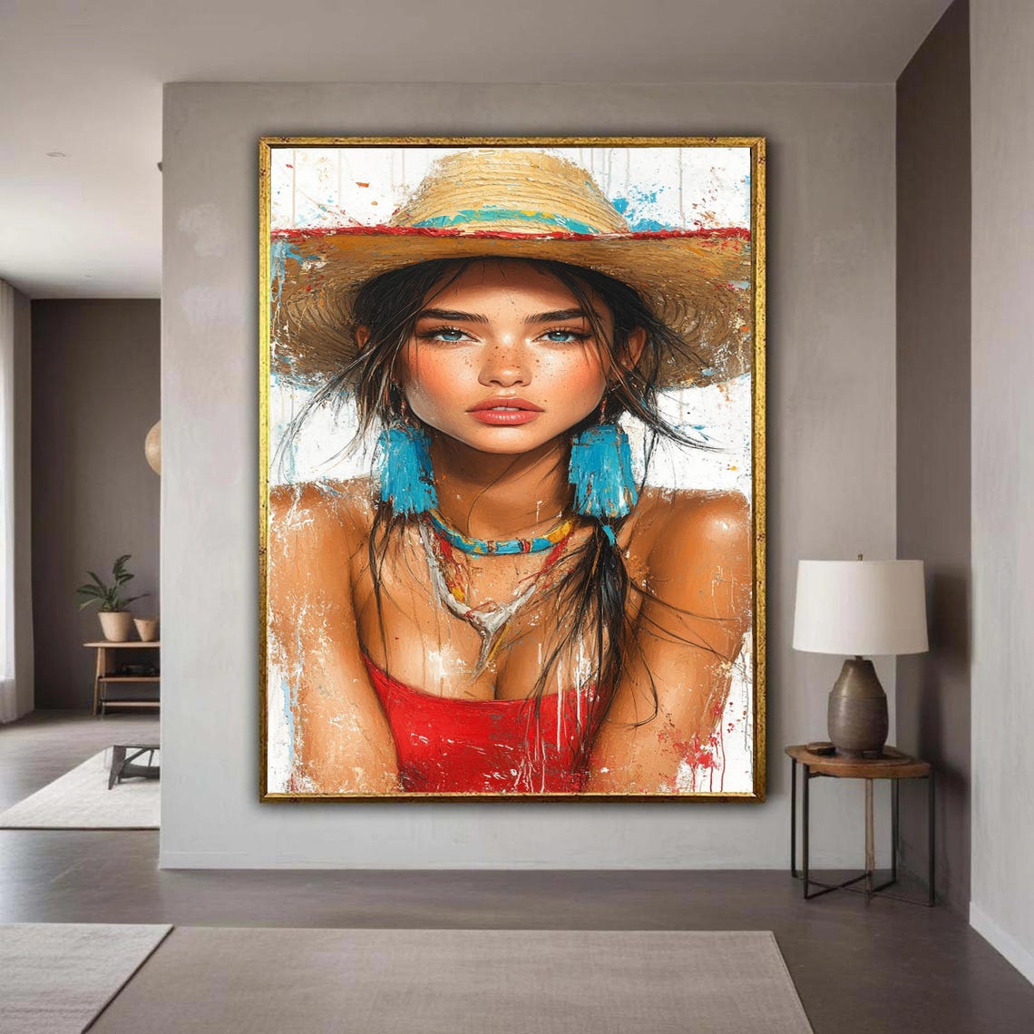 Vibrant Summer Portrait Canvas Woman With Straw Hat Artwork Blue Tassel Earrings Wall Art Boho Style Home Gift Decor