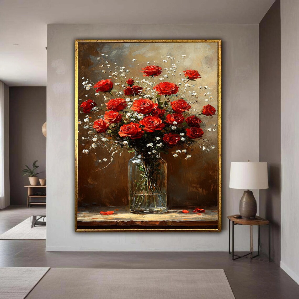 Red Roses Bouquet In Glass Vase Oil Painting Floral Still Life Poster