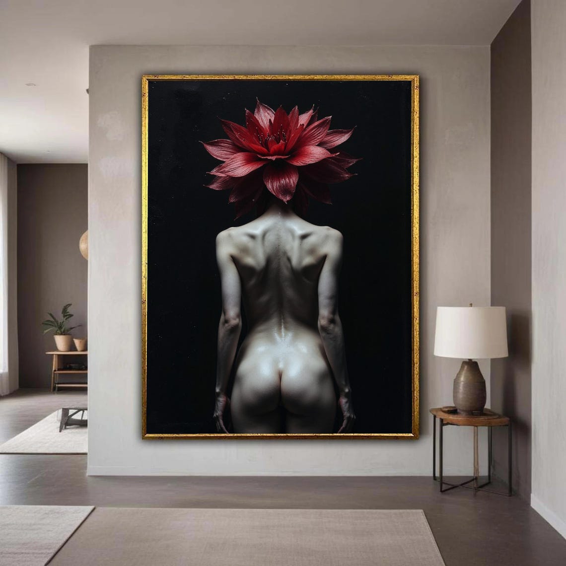 Surreal Nude Female Back Red Dahlia Bloom Head Gold Frame Poster