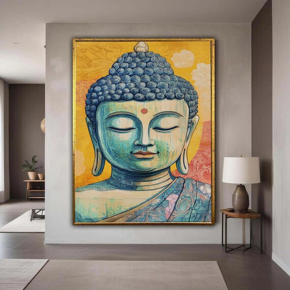 Serene Buddha Portrait Canvas Print Blue Green Tones On Yellow Peaceful Bodhisattva Wall Art Traditional Spiritual Home Decor Gift