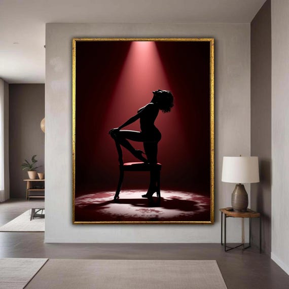 Elegant Silhouette Nude Woman On Chair Canvas Artistic Wall Art Red Spotlight Shadow Decor Modern Sensual Home Gift