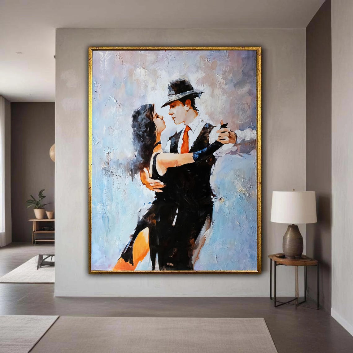 Romantic Tango Dance Couple Fedora Close Embrace Textured Poster