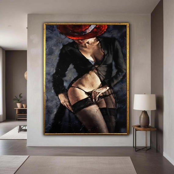 Sensual Woman With Red Hat Canvas Lingerie Art Print Elegant Female Figure Painting Intimate Wall Decor Modern Gift Home