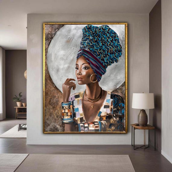 Elegant African Woman Portrait Colorful Headwrap Canvas Ethnic Fashion Wall Art Contemporary Afrocentric Gift Home Decor