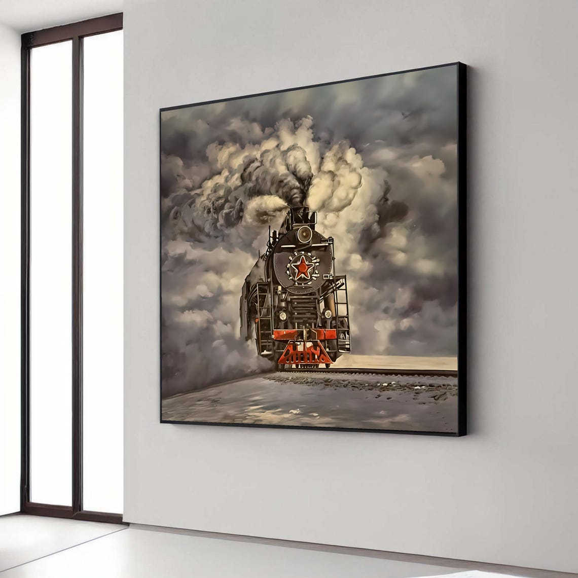Vintage Steam Locomotive Red Star Dramatic Billowing Smoke Wall Art
