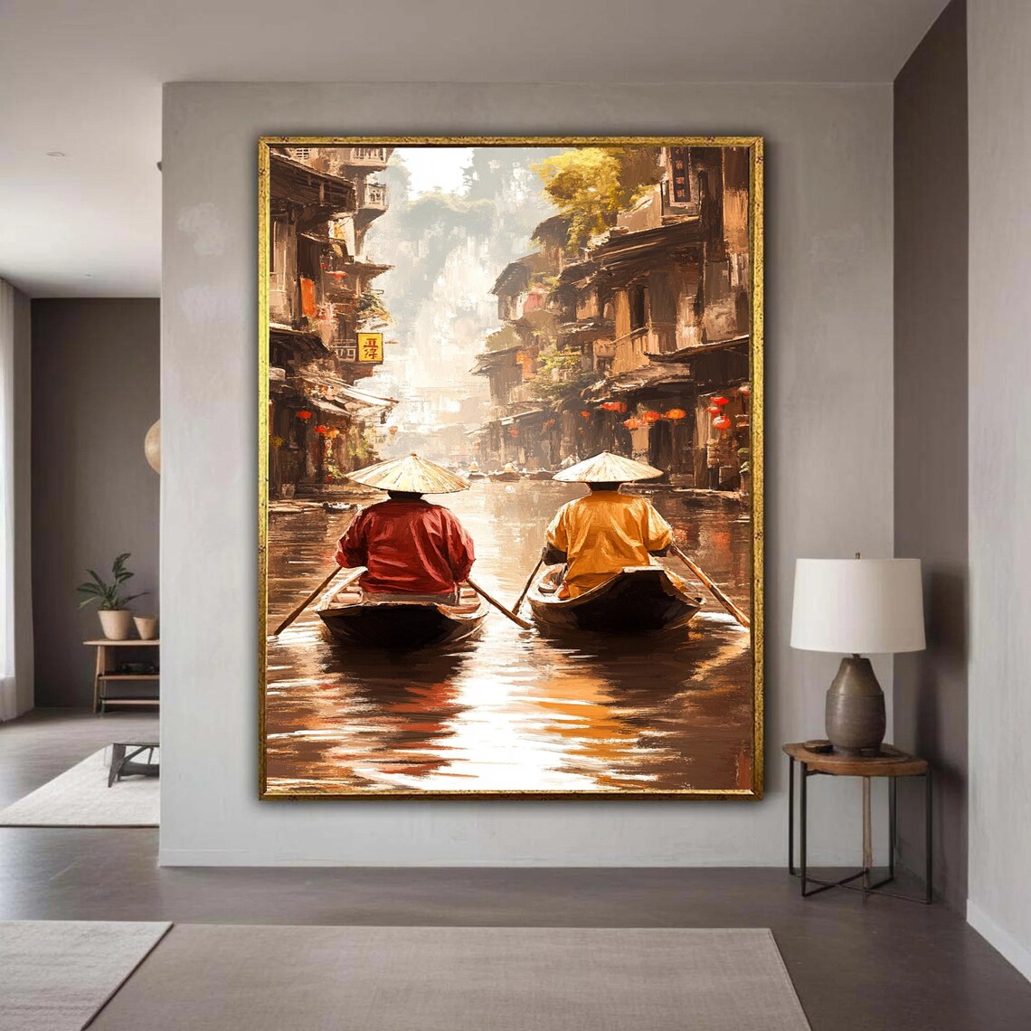Asian Water Town Boat Rowers Lanterns Old Street Painting Poster
