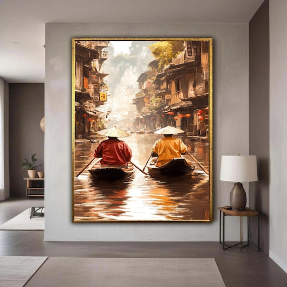 Asian Water Town Boat Rowers Lanterns Old Street Painting Poster