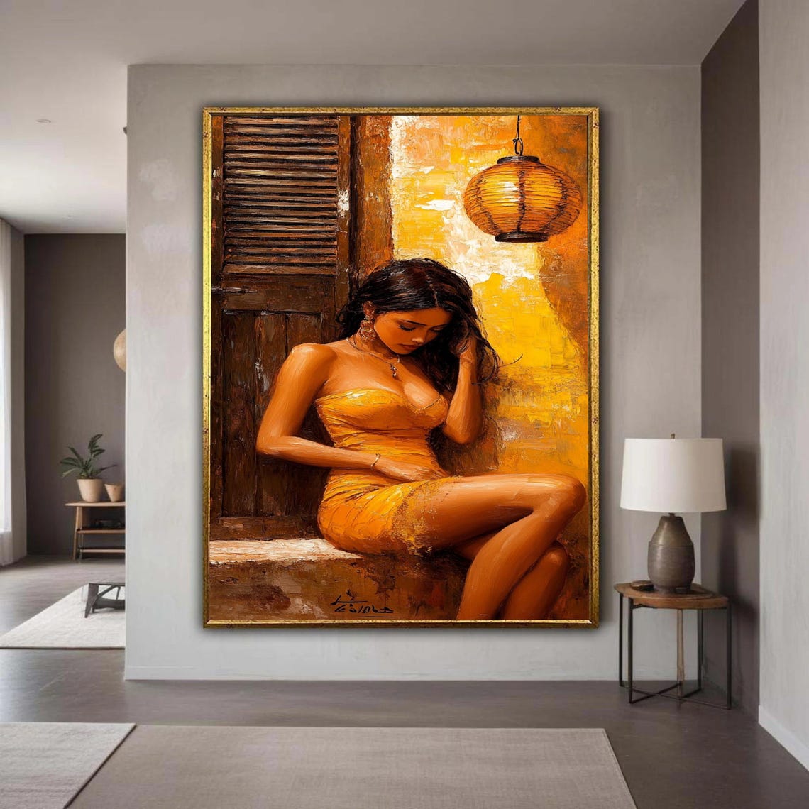 Woman in Yellow Dress Warm Golden Light Romantic Painting Poster