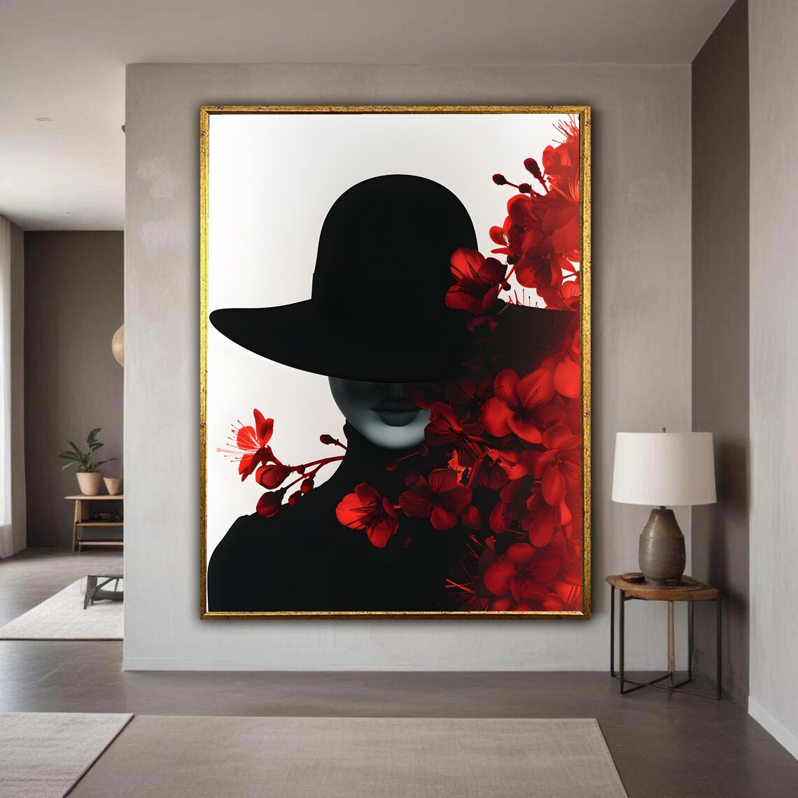 Mysterious Woman Wide Brim Hat Red Floral Silhouette Art Print
