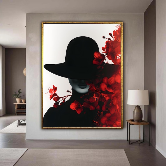 Mysterious Woman Wide Brim Hat Red Floral Silhouette Art Print