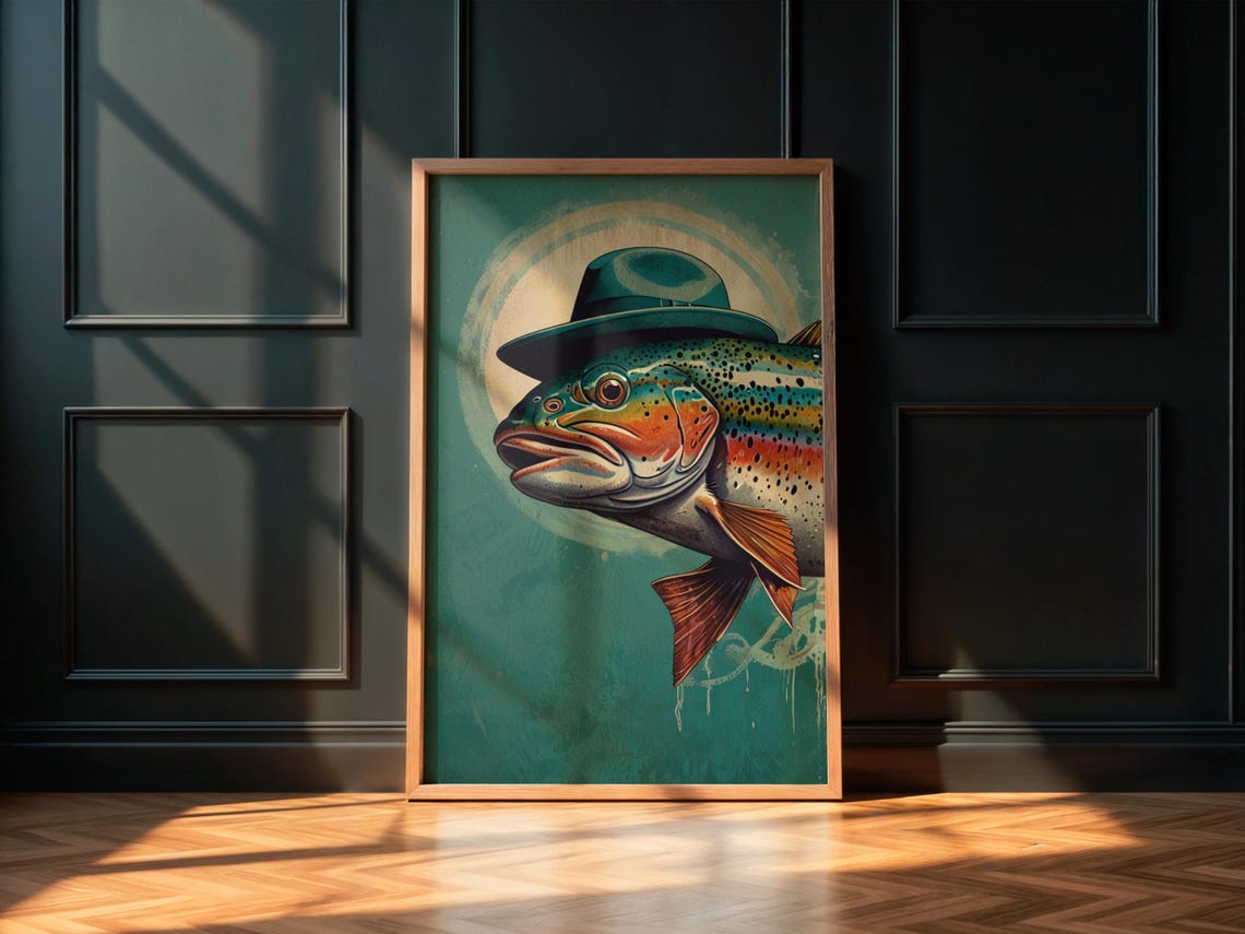 Rainbow Trout Wearing Green Fedora Vintage Retro Fish Wall Art - Image 3